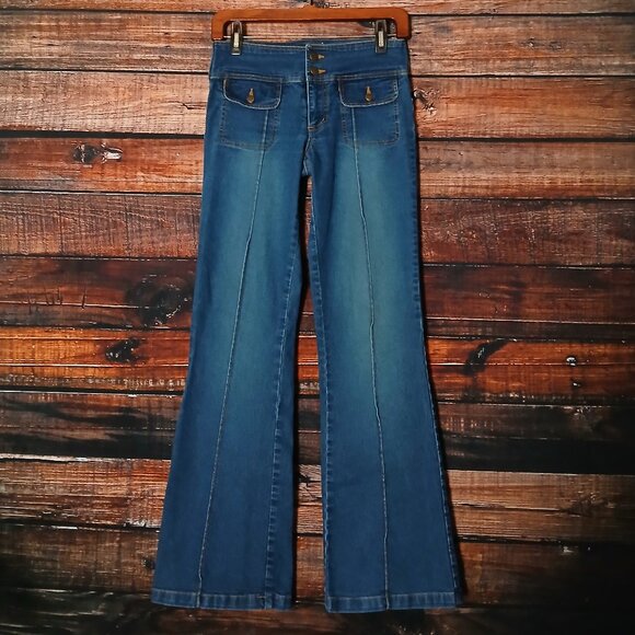 Opus Jeans Size 5 Flare Leg Low Rise Patch Pocket Seamed Blue Denim Stretch VTG - Picture 2 of 9